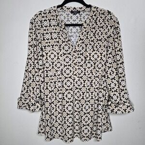 Cocomo Womens Geometric Print Popover Top Size 2x Beige Stretch Mature Office